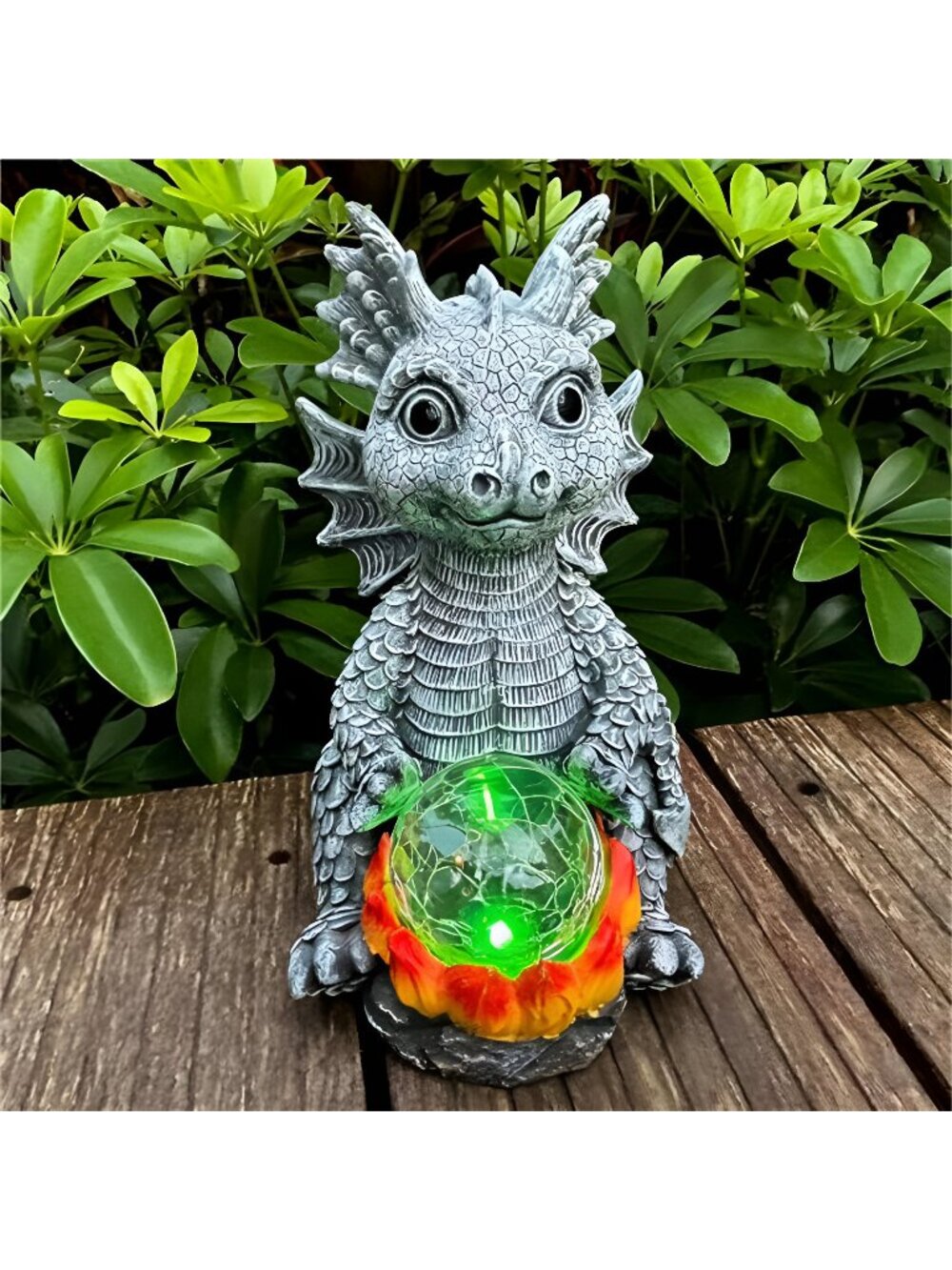 Solar Garden Statue Dragon Figurine with 7-Color Changing Solar Crackle Globe